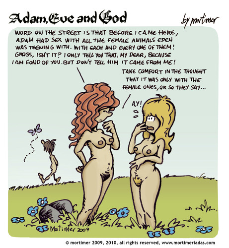 Cartoon: adam eve and god 13 (medium) by mortimer tagged mortimer,mortimeriadas,cartoon,comic,gag,adam,eve,god,bible,paradise,eden,biblical,christian,original,sin,nude,toons,hairy,belly,blonde,illustration,illustrationen,gott,bibel,religion,adam,eva,entstehung,paradies