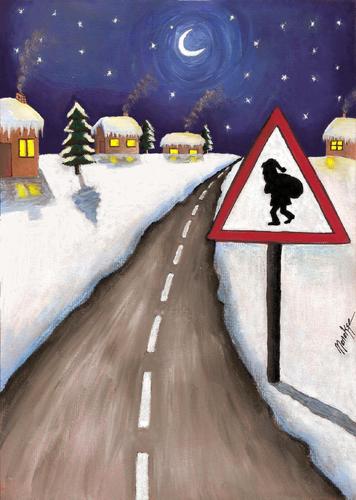 Cartoon: Christmastime (medium) by menekse cam tagged newyearseve,sign,traffic,snow,night,road,santa,xmas,christmastime,newyear