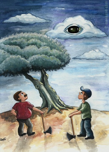 Cartoon: The apple of eye of God (medium) by menekse cam tagged olive,tree,oil,god,eye,cutting,axe,of,olive,tree,oil,god,eye,cutting,axe
