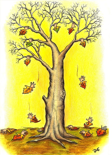 Cartoon: The difficult separation (medium) by menekse cam tagged sadness,cold,winter,weather,tree,leaves,separation,difficult,end,autumn,autumn,end,difficult,separation,leaves,tree,weather,winter,cold,sadness