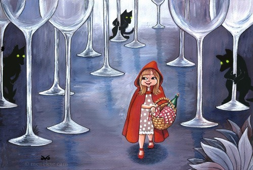 Cartoon: Wine (medium) by menekse cam tagged wine,wolf,bottle,good,red,hiding,hood,tale,glass,sarap,kurtlar,kadeh,masal