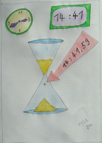Cartoon: Uhrzeit 14 42 (medium) by skätch-up tagged uhr,analog,digital,sanduhr,staubkorn,dreiviertel,drei,1441,1442