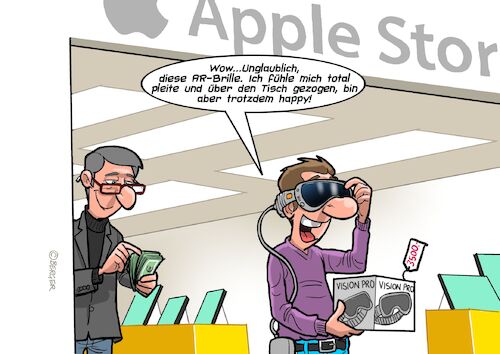 Cartoon: AR Brille (medium) by Chris Berger tagged vr,ar,virtual,reality,apple,store,internet,geld,sekte,jünger,vr,ar,virtual,reality,apple,store,internet,geld,sekte,jünger