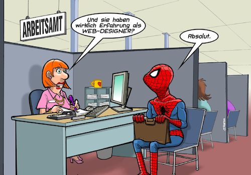 Cartoon: Arbeitsamt (medium) by Joshua Aaron tagged spinne,spiderman,netz,webdesigner,arbeitsamt,spinne,spiderman,netz,webdesigner,arbeitsamt