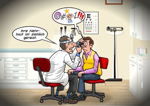 Cartoon: Augen Checkup (medium) by Joshua Aaron tagged netzhaut,gereizt,arzt,optiker,augenarzt,patient,untersuchung,augen,netzhaut,gereizt,arzt,optiker,augenarzt,patient,untersuchung,augen