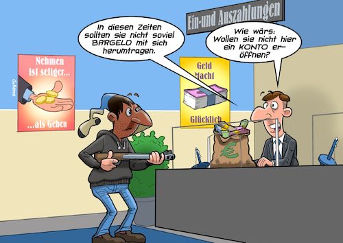 Cartoon: Bankangestellter mit Chuzpe (medium) by Joshua Aaron tagged bank,überfall,anlage,bankangestellter,räuber,bankraub,bank,überfall,anlage,bankangestellter,räuber,bankraub