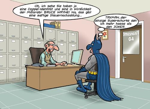 Cartoon: Batman und die Steuer (medium) by Joshua Aaron tagged finanzamt,batman,steuer,nachzahlung,einnahmen,einkommenssteuer,irs,finanz,finanzamt,batman,steuer,nachzahlung,einnahmen,einkommenssteuer,irs,finanz