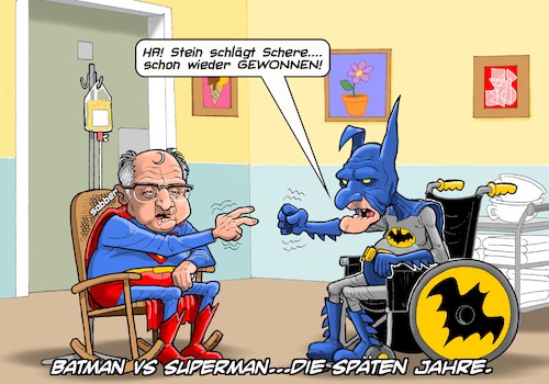 Cartoon: Batman versus Superman (medium) by Chris Berger tagged batman,superman,altersheim,rentner,pensionisten,schere,stein,papier,batman,superman,altersheim,rentner,pensionisten,schere,stein,papier