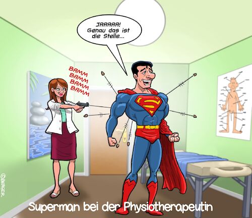 Cartoon: Bei der Physio (medium) by Chris Berger tagged superman,physiotherapie,massage,kugelsicher,pistole,therapie,superman,physiotherapie,massage,kugelsicher,pistole,therapie