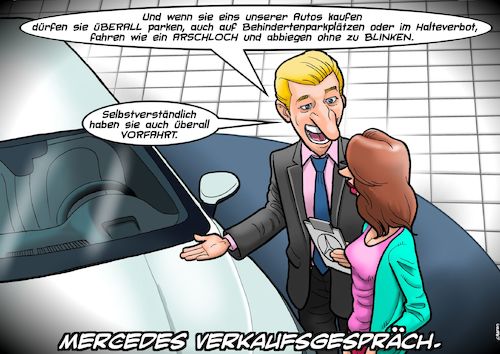 Cartoon: Beim Autohändler (medium) by Chris Berger tagged mercedes,autofahrer,rücksichtslos,arschloch,bmw,luxus,auto,penisprothese,penisverlängerung,mercedes,autofahrer,rücksichtslos,arschloch,bmw,luxus,auto,penisprothese,penisverlängerung