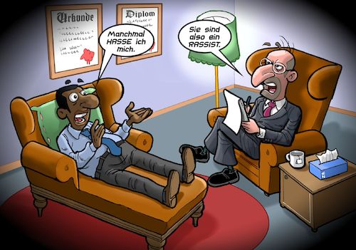 Cartoon: Beim Psychiater (medium) by Joshua Aaron tagged schwarzer,hautfarbe,versteckter,rassismus,psychologe,psychiater,fehldiagnose,rassist,schwarzer,rassismus,psychologe,psychiater,fehldiagnose,rassist