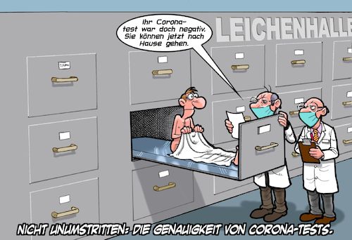 Cartoon: Corona Test (medium) by Joshua Aaron tagged corona,covid,test,genauigkeit,leichenhalle,patient,arzt,doktor,corona,covid,test,genauigkeit,leichenhalle,patient,arzt,doktor