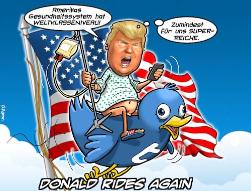 Cartoon: Donald Rides Again (medium) by Joshua Aaron tagged trump,twitter,covid,pandemie,corona,tweet,krankenhaus,amerika,usa,trump,twitter,covid,pandemie,corona,tweet,krankenhaus,amerika,usa