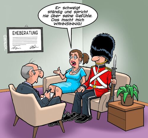 Cartoon: Ehekrise (medium) by Chris Berger tagged guard,buckingham,palast,ehe,psychologe,frau,mann,guard,buckingham,palast,ehe,psychologe,frau,mann