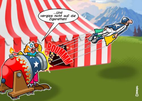 Cartoon: Einkauf (medium) by Joshua Aaron tagged zirkus,menschliche,kanonenkugel,shop,shopping,clown,circus,zirkus,menschliche,kanonenkugel,shop,shopping,clown,circus