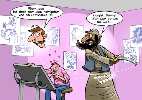 Cartoon: Enthauptung (medium) by Joshua Aaron tagged muhammad,mohammed,karikaturen,muslim,islam,radikal,enthauptung,beheading,karikaturist,charlie,hebdo,paris,lehrer,muhammad,mohammed,karikaturen,muslim,islam,radikal,enthauptung,beheading,karikaturist,charlie,hebdo,paris,lehrer