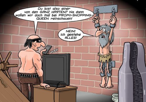 Cartoon: Folter (medium) by Joshua Aaron tagged vox,fernsehen,rtl,pro7,sat1,folter,kerker,vox,fernsehen,rtl,pro7,sat1,folter,kerker