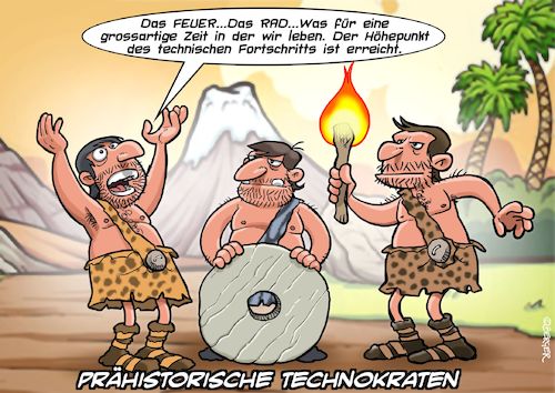 Cartoon: Fortschritt (medium) by Chris Berger tagged steinzeit,technokraten,fortschritt,feuer,rad,steinzeit,technokraten,fortschritt,feuer,rad