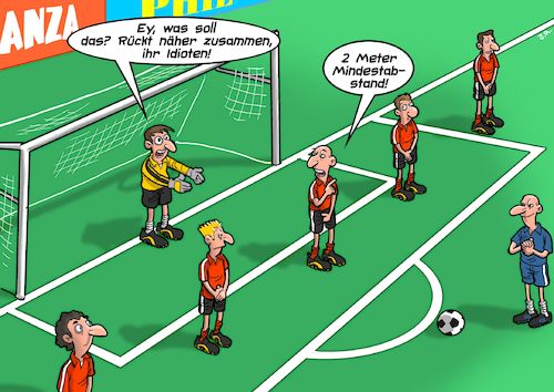 Cartoon: Freistoss (medium) by Joshua Aaron tagged corona,covid,pandemie,mindestabstand,fussball,freistoss,corona,covid,pandemie,mindestabstand,fussball,freistoss