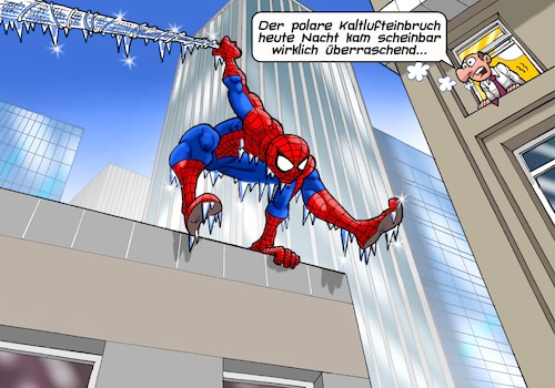 Cartoon: Frozen Spidey (medium) by Chris Berger tagged spiderman,spinne,kalt,polarluft,gefroren,winter,kälteeinbruch,spiderman,spinne,kalt,polarluft,gefroren,winter,kälteeinbruch