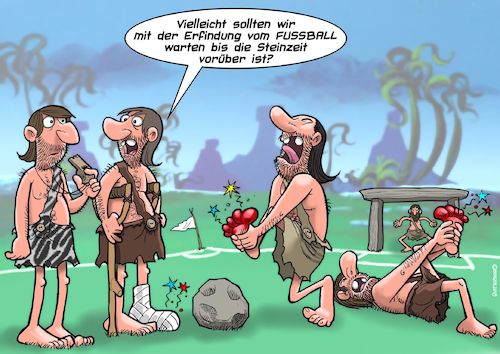 Cartoon: Fussball in der Steinzeit (medium) by Chris Berger tagged steinzeit,fussball,verletzung,stein,ball,spieler,steinzeit,fussball,verletzung,stein,ball,spieler