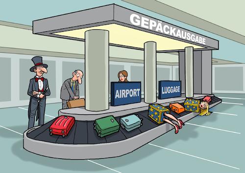 Cartoon: Gepäckausgabe (medium) by Chris Berger tagged magier,flughafen,zersägte,jungfrau,assistentin,zauberer,gepäck,koffer,magier,flughafen,zersägte,jungfrau,assistentin,zauberer,gepäck,koffer