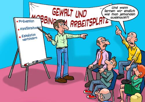 Cartoon: Gewalt am Arbeitsplatz (medium) by Joshua Aaron tagged gewalt,prävention,arbeitsgruppe,arbeitsplatz,mobbing,deeskalation,gewalt,prävention,arbeitsgruppe,arbeitsplatz,mobbing,deeskalation