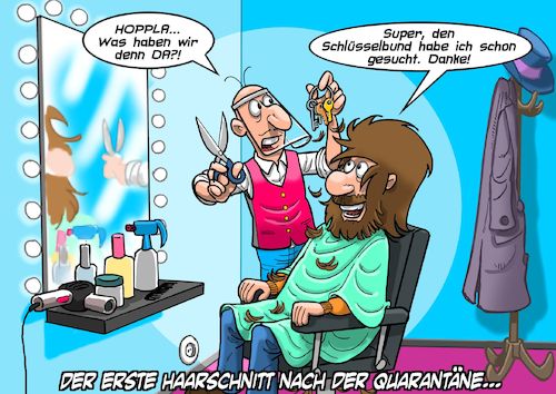 Cartoon: Haircut (medium) by Chris Berger tagged corona,quarantäne,haarschnitt,friseur,verloren,schlüssel,corona,quarantäne,haarschnitt,friseur,verloren,schlüssel