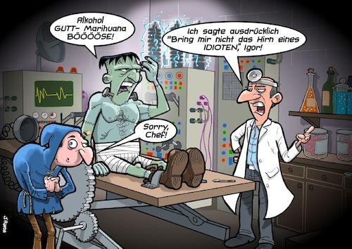 Cartoon: Hirni (medium) by Chris Berger tagged frankenstein,monster,weed,gras,thc,marihuana,dope,legalisierung,entkriminalisierung,frankenstein,monster,weed,gras,thc,marihuana,dope,legalisierung,entkriminalisierung