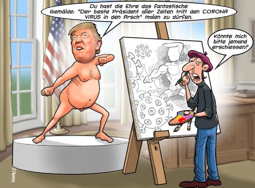 Cartoon: Hofmaler (medium) by Chris Berger tagged trump,covid,corona,donald,white,house,weisses,haus,oval,office,gemälde,trump,covid,corona,donald,white,house,weisses,haus,oval,office,gemälde