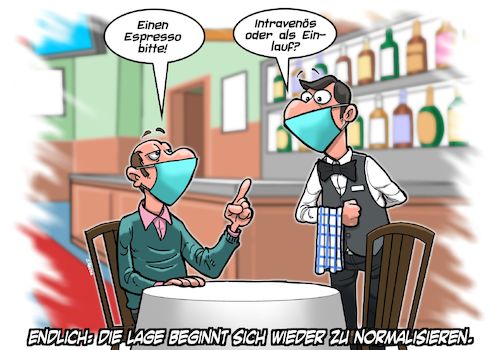 Cartoon: Im Kaffeehaus (medium) by Joshua Aaron tagged kaffee,cafe,covid,pandemie,lockdown,gastronomie,kellner,gast,kaffee,cafe,covid,pandemie,lockdown,gastronomie,kellner,gast