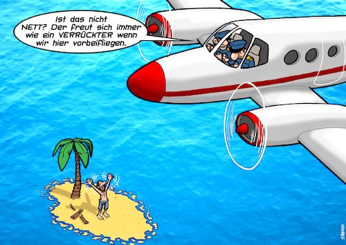 Cartoon: Inselbewohner (medium) by Chris Berger tagged insel,schiffbruch,rettung,flugzeug,linienflug,gestrandet,insel,schiffbruch,rettung,flugzeug,linienflug,gestrandet