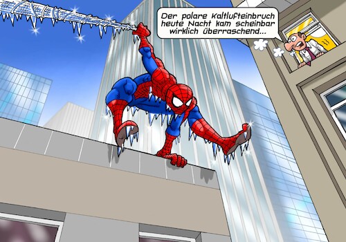 Cartoon: Kälteeinbruch (medium) by Joshua Aaron tagged spiderman,polar,kälte,winter,frost,eingefroren,spiderman,polar,kälte,winter,frost,eingefroren