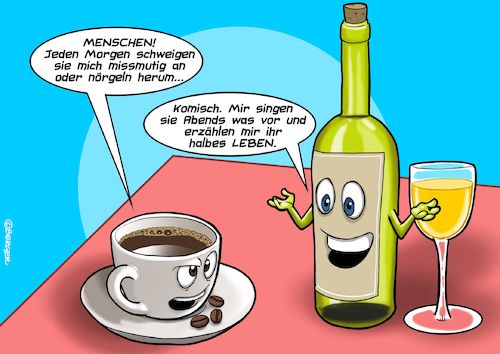 Cartoon: Kaffee Wein (medium) by Joshua Aaron tagged kaffee,wein,alkohol,stimmungsschwankungen,morgen,abend,frühstück,feiern,kaffee,wein,alkohol,stimmungsschwankungen,morgen,abend,frühstück,feiern