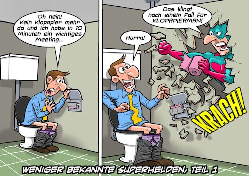 Cartoon: Klopapiermann (medium) by Joshua Aaron tagged superheld,hero,superman,toilette,klo,toilettpapier,loo,wc,superheld,hero,superman,toilette,klo,toilettpapier,loo,wc