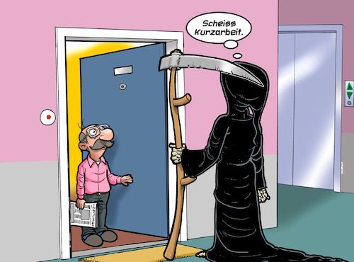 Cartoon: Kurzarbeit (medium) by Chris Berger tagged kurzarbeit,kleinwüchsiger,zwerg,kurz,tod,gevatter,sensenmann,kurzarbeit,kleinwüchsiger,zwerg,kurz,tod,gevatter,sensenmann