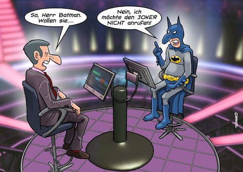 Cartoon: Millionenshow (medium) by Joshua Aaron tagged batman,joker,millionenshow,wer,wird,millionär,fernsehsendung,moderator,batman,joker,millionenshow,wer,wird,millionär,fernsehsendung,moderator