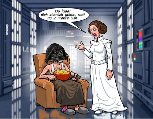 Cartoon: Neulich am Todesstern (medium) by Chris Berger tagged darth,vader,leia,organa,star,wars,death,todesstern,pension,rente,darth,vader,leia,organa,star,wars,death,todesstern,pension,rente