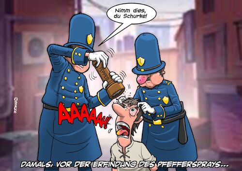 Cartoon: Pfefferspray (medium) by Chris Berger tagged pfefferspray,polizei,gewalt,geschichte,bandit,gauner,pfefferspray,polizei,gewalt,geschichte,bandit,gauner