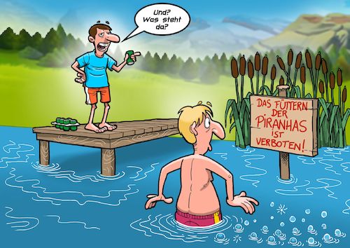 Cartoon: Piranhas (medium) by Joshua Aaron tagged badesee,teich,piranhas,füttern,carnivore,fische,bier,fleischfresser,badesee,teich,piranhas,füttern,carnivore,fische,bier,fleischfresser