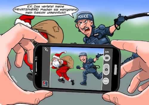 Cartoon: Police Brutality (medium) by Chris Berger tagged polizei,weihnachtsmann,brutalität,gesichtserkennung,bodycam,handy,smartphone,weihnachten,xmas,polizei,weihnachtsmann,brutalität,gesichtserkennung,bodycam,handy,smartphone,weihnachten,xmas