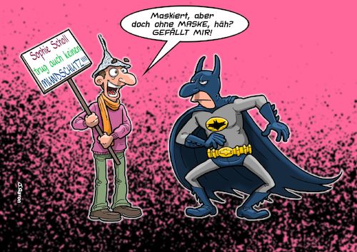 Cartoon: Querdenker Batman (medium) by Joshua Aaron tagged atemschutzmaske,mundschutz,corona,covid,querdenker,weisse,rose,sophie,scholl,aluhut,verschwörungstheorie,atemschutzmaske,mundschutz,corona,covid,querdenker,weisse,rose,sophie,scholl,aluhut,verschwörungstheorie