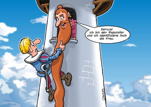 Cartoon: Rapunzel 2025 (medium) by Chris Berger tagged rapunzel,märchen,lgbtq,diversität,geschlecht,grimm,märchenprinz,rapunzel,märchen,lgbtq,diversität,geschlecht,grimm,märchenprinz