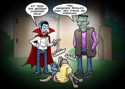 Cartoon: Sauberkeit (medium) by Chris Berger tagged hund,eier,lecken,werwolf,frankenstein,dracula,hygiene,hund,eier,lecken,werwolf,frankenstein,dracula,hygiene