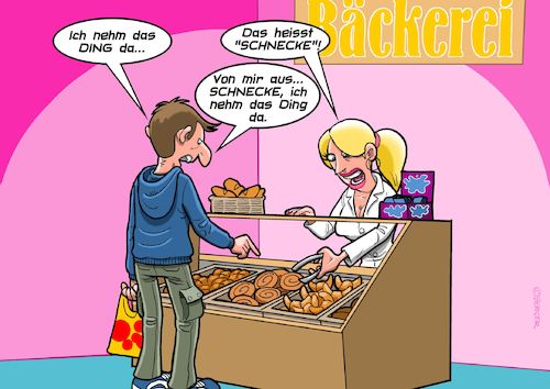 Cartoon: Schnecke (medium) by Joshua Aaron tagged brot,bäcker,brötchen,verkäuferin,bäckerei,einkauf,brot,bäcker,brötchen,verkäuferin,bäckerei,einkauf