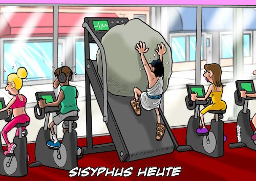 Cartoon: Sisyphus (medium) by Chris Berger tagged sisyphos,fitnesscenter,treadmill,kardio,sisyphos,fitnesscenter,treadmill,kardio