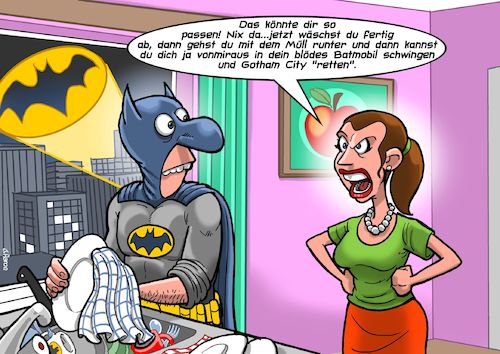 Cartoon: Superheldenehe (medium) by Chris Berger tagged batman,ehefrau,notfall,gotham,pantoffelheld,abwasch,hausarbeit,zank,xanthippe,batman,ehefrau,notfall,gotham,pantoffelheld,abwasch,hausarbeit,zank,xanthippe