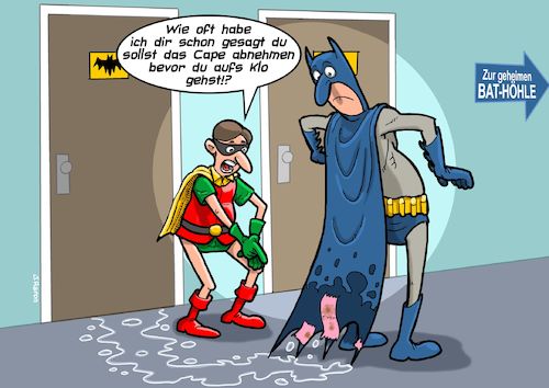 Cartoon: Superheldenprobleme (medium) by Joshua Aaron tagged batman,robin,klo,superthelden,umhang,cape,batman,robin,klo,superthelden,umhang,cape
