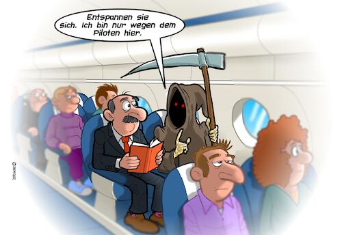 Cartoon: Tod Pilot (medium) by Joshua Aaron tagged tod,sensenmann,pilot,lienienflug,absturz,flugzeug,passagier,tod,sensenmann,pilot,lienienflug,absturz,flugzeug,passagier