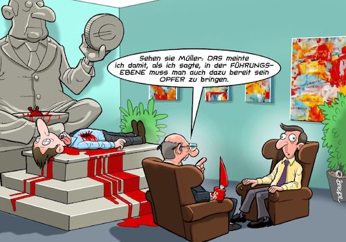 Cartoon: Wat mutt dat mutt. (medium) by Chris Berger tagged menschenopfer,chef,führungsebene,mitarbeiter,kapitalismus,reichtum,geld,macht,mutt,menschenopfer,chef,führungsebene,mitarbeiter,kapitalismus,reichtum,geld,macht